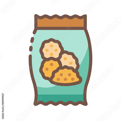 Stylized bag of chips vector illustration with teal and brown design