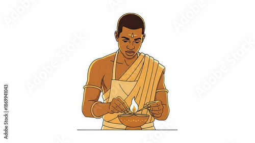 Man in traditional indian attire lighting a diya lamp with a serene