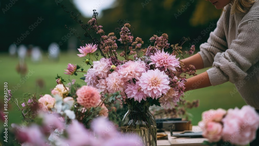 Fototapeta premium A person arranging pink dahlias in a glass vase on a wooden table outdoors. Concept Pink dahlias, Floral arrangement, Glass vase, Outdoor table, Natural light