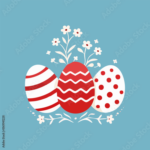 Cute Easter eggs vector illustration with red and white patterns and floral elements. Perfect for Easter greeting cards, spring designs, holiday decor, posters, invitations, and festive branding.