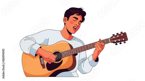 Young man playing acoustic guitar with passion and joy