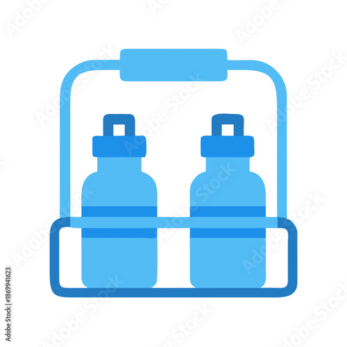 Two blue water bottles in a carrier, simple flat design style