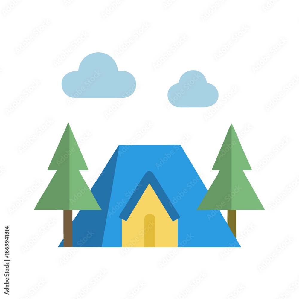 Naklejka premium Camping scene flat illustration with tent, trees and clouds on black background