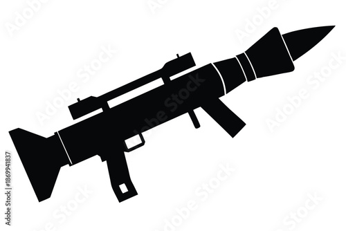 Handheld Anti-Tank Rocket Launcher Silhouette, Black and White Vector Icon of Military Weaponry