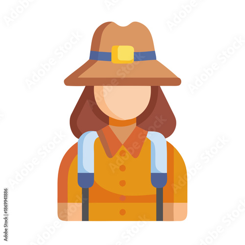 Flat icon of a female traveler with hat and backpack on black background