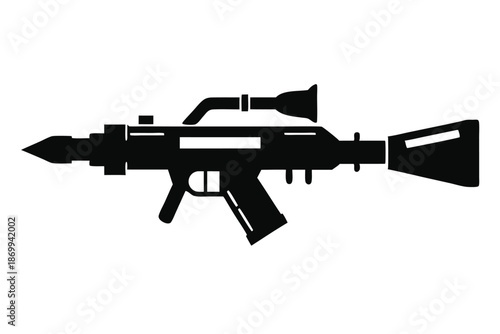Minimalist Black and White Rocket Launcher Silhouette, Handheld Military Weapon Vector Icon