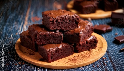 Delicious Chocolate Brownies Stacked on a Wooden Plate, Close-up Shot.