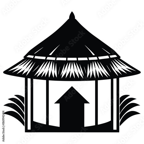 Ethnic African Hut Silhouette with Straw Roof, Black and White Traditional Architecture Vector