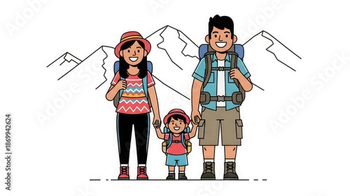 A smiling family of three holding hands with backpacks standing
