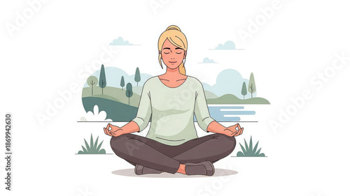 Woman meditates cross legged in serene outdoor setting with lake