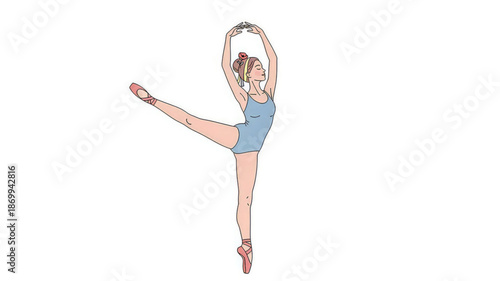 A young woman in a blue leotard performs an elegant ballet pose