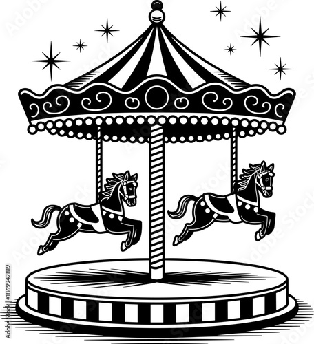 Vintage carousel horse ride vector illustration featuring ornate merry go round with stars and circus carnival theme isolated on white background (20 words)