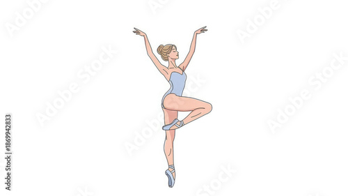 A woman in a blue leotard and ballet shoes performing a graceful