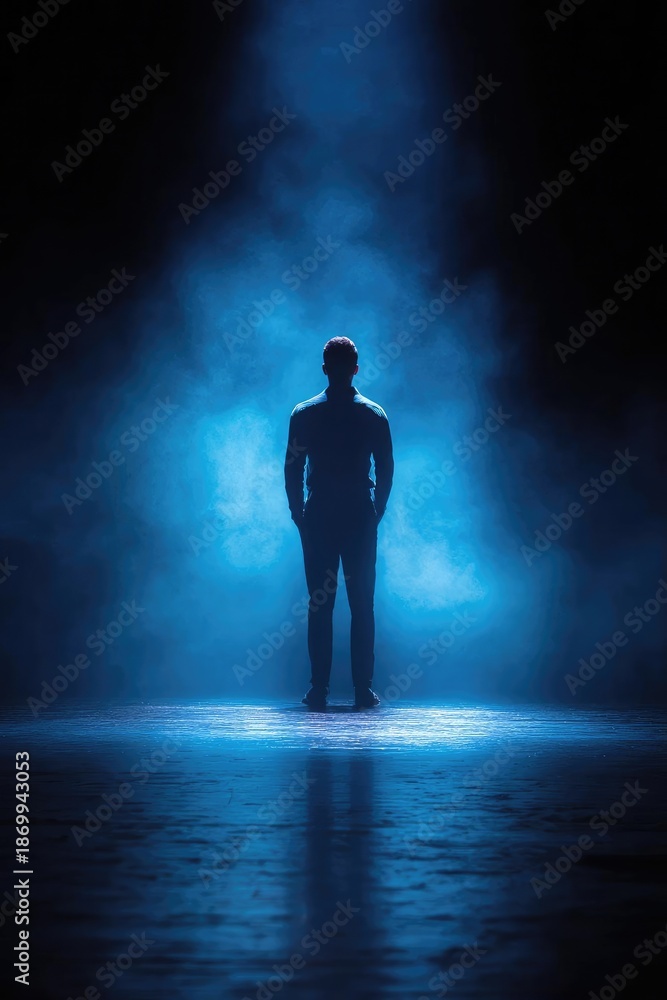 Obraz premium Silhouette of a person standing on a blue-lit, foggy stage with their back to the camera. Concept Silhouette portrait, Blue-lit stage, Foggy atmosphere, Back view, Theatrical mood