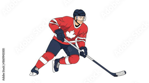 Canadian hockey player in action with stick on ice rink