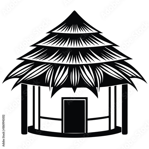 African Safari Hut Silhouette Icon, Black and White Traditional Thatched Roof Village House