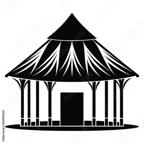 Minimalist African Hut Silhouette, Traditional Thatched Roof Tribal House Black and White Vector