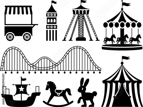Vector Silhouette of a Magical Amusement Park at Night Featuring a Ferris Wheel Carnival Circus Tent and Fairy Tale Castle (21 words)
