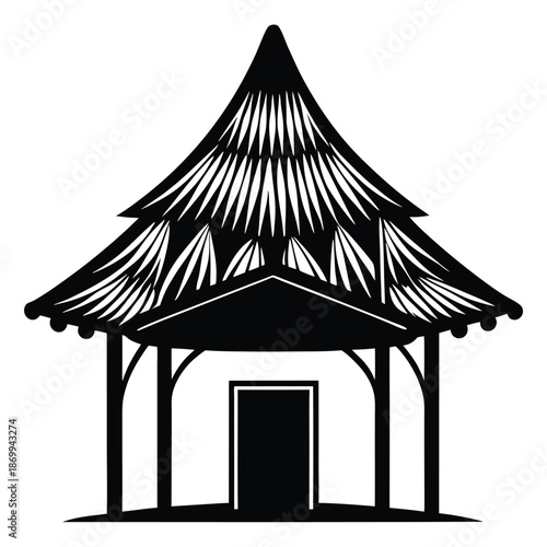 African Mud Hut Silhouette with Straw Roof, Black and White Traditional Tribal Architecture Vector