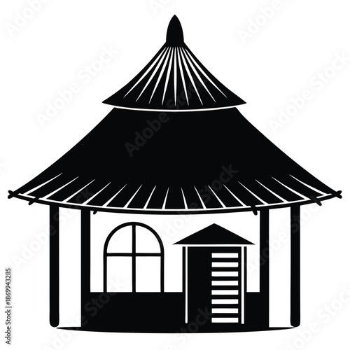 Rural African Hut Silhouette Graphic, Black and White Traditional Village Dwelling with Thatched Roof