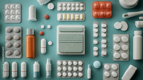 Wallpaper Mural Medical Pills and Capsules Flat Lay on Blue Background Torontodigital.ca