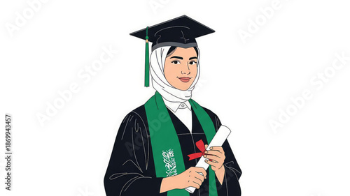 Illustration of a female graduate wearing a hijab and holding
