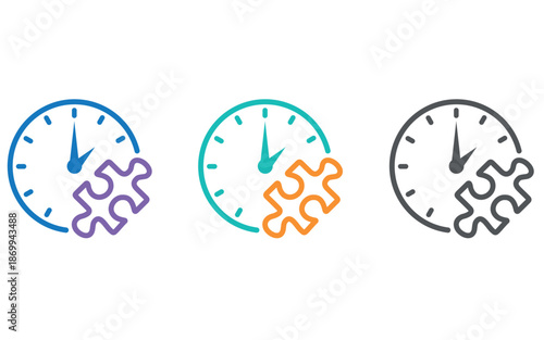 Time Management and Problem Solving Icons Set with Clock and Puzzle Pieces