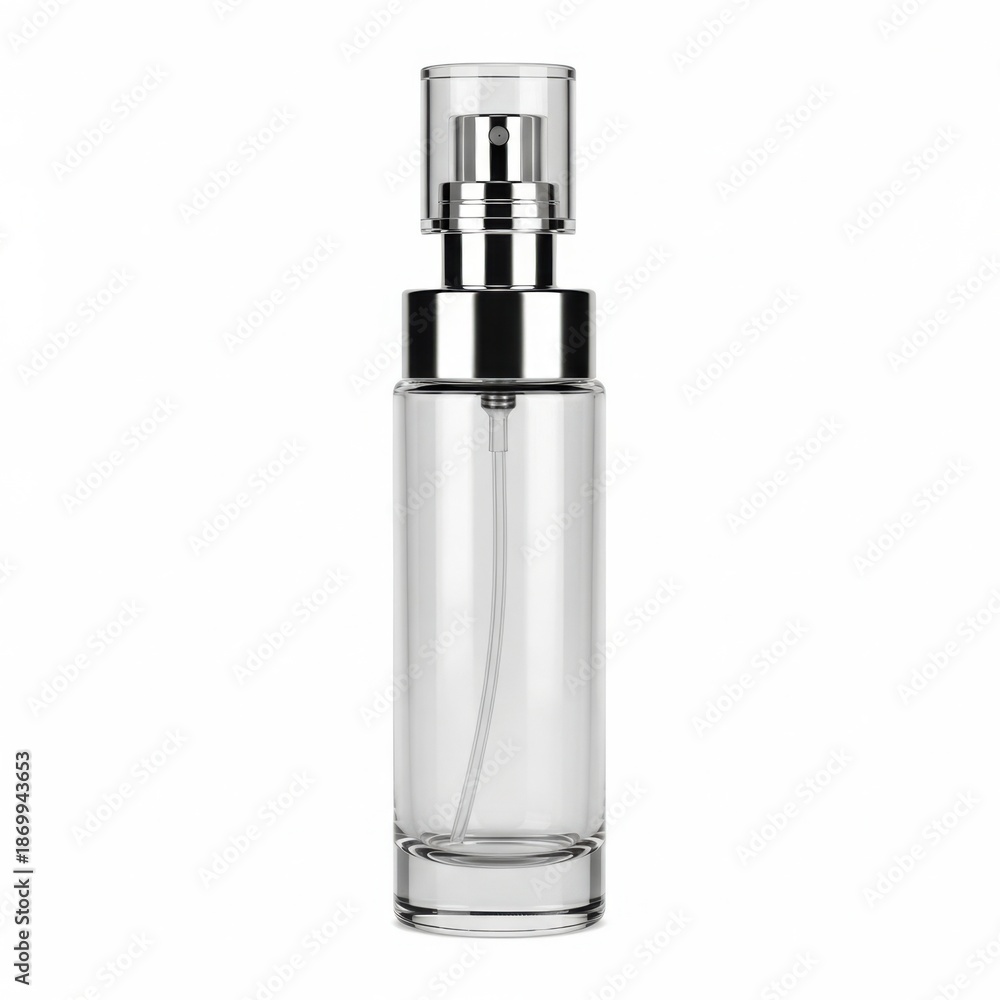 Obraz premium Clear glass perfume bottle with silver cap isolated on white background