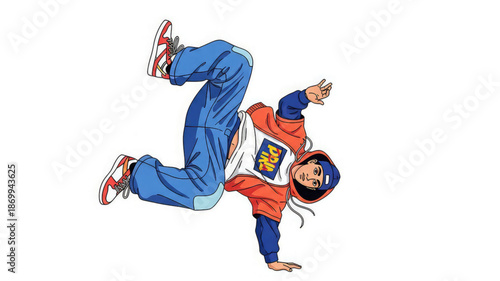 Breakdancer in orange and blue outfit performing acrobatic move