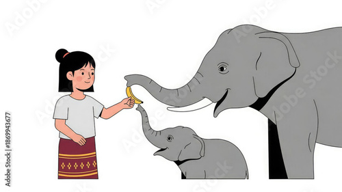 Woman feeds banana to large and small elephant on white background