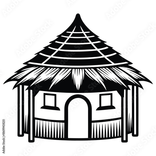 African Tribal Hut Silhouette with Thatched Roof, Traditional Village Home Icon in Black and White