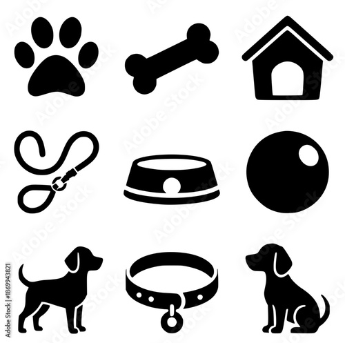 A black and white grid of nine black silhouette icons related to dogs and pets no background