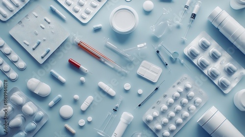 Wallpaper Mural Medical Pills and Capsules Flat Lay on Blue Background Torontodigital.ca