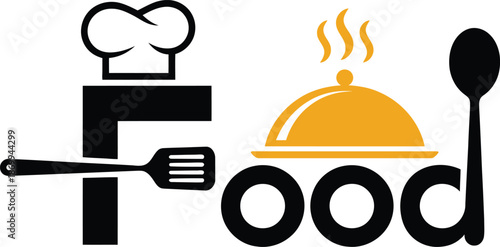 Creative Food Typography with Chef Hat and Serving Dish Icon for Restaurant Branding