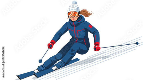 Woman skiing down snowy slope in winter sports gear