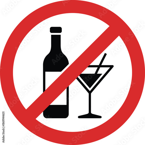 No Alcohol Sign with Red Prohibition Circle over Bottle and Cocktail Glass Icon