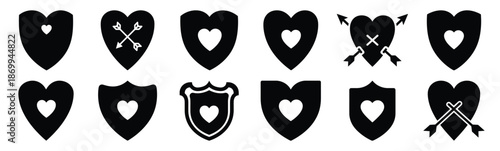 Collection of valentine love shield silhouette icon set. Happy valentines day icons black silhouette illustration art