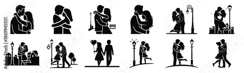 Collection of valentine romantic street couple silhouette icon set. Happy valentines day icons black silhouette illustration art