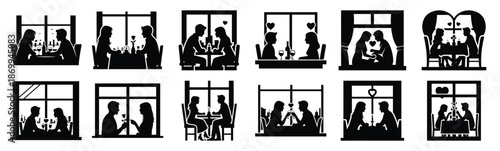 Collection of valentine romantic window date silhouette icon set. Happy valentines day icons black silhouette illustration art