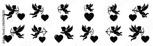 Collection of cupid flying over heart silhouette icon set. Happy valentines day icons black silhouette illustration art