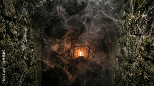 Smoke in rough grainy stone room in the dark. Halloween texture background