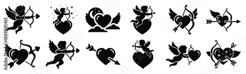 Collection of cupid heart night sky silhouette icon set. Happy valentines day icons black silhouette illustration art