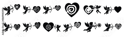 Collection of cupid heart target practice silhouette icon set. Happy valentines day icons black silhouette illustration art