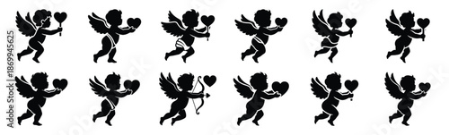 Collection of cupid holding love sign silhouette icon set. Happy valentines day icons black silhouette illustration art