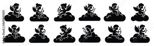 Collection of cupid sitting on cloud silhouette icon set. Happy valentines day icons black silhouette illustration art
