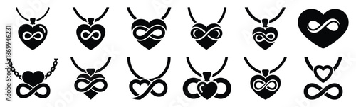 Collection of heart shaped infinity necklace silhouette icon set. Happy valentines day icons black silhouette illustration art