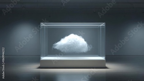 A fluffy white cloud encased in a glass display box on a pedestal in a gallery. Concept Cloud Art, Glass Display Case, Gallery Installation, Minimalist Sculpture, Floating Cloud Exhibit
