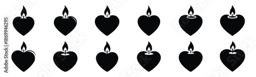 Collection of heart shaped love candle silhouette icon set. Happy valentines day icons black silhouette illustration art