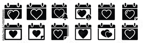 Collection of love calendar reminder silhouette icon set. Happy valentines day icons black silhouette illustration art