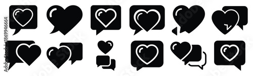 Collection of love chat heart bubble silhouette icon set. Happy valentines day icons black silhouette illustration art